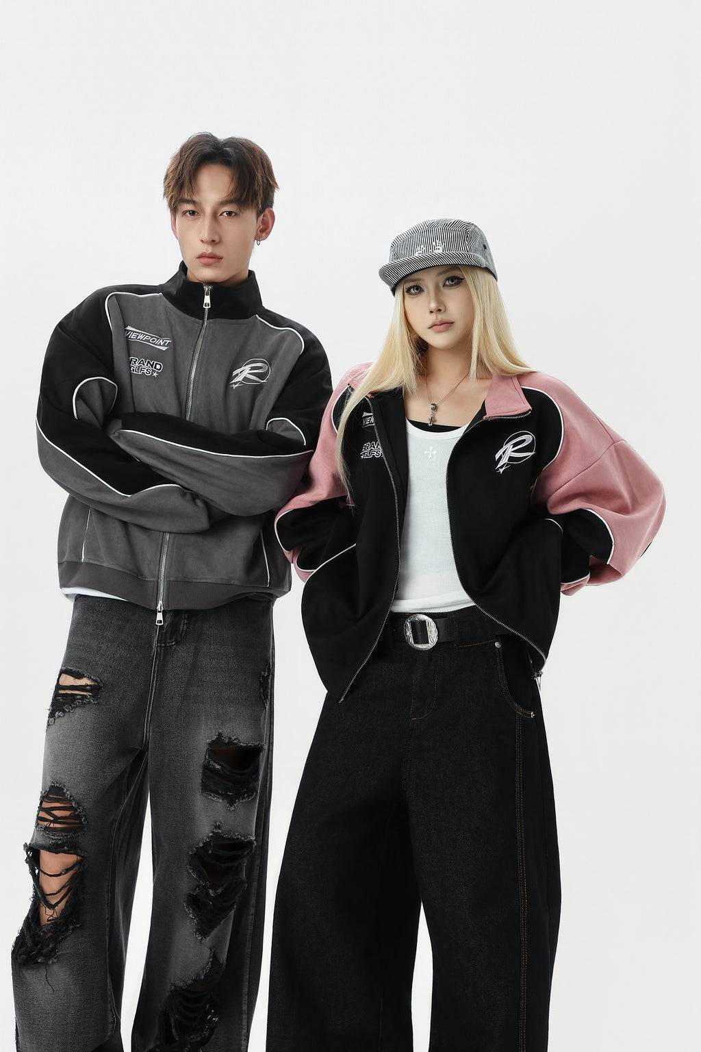 Short jacket,Unisex Retro Racing Style Jacket | Pink/Black &amp; Grey/Black Colorblock | Streetwear Essential