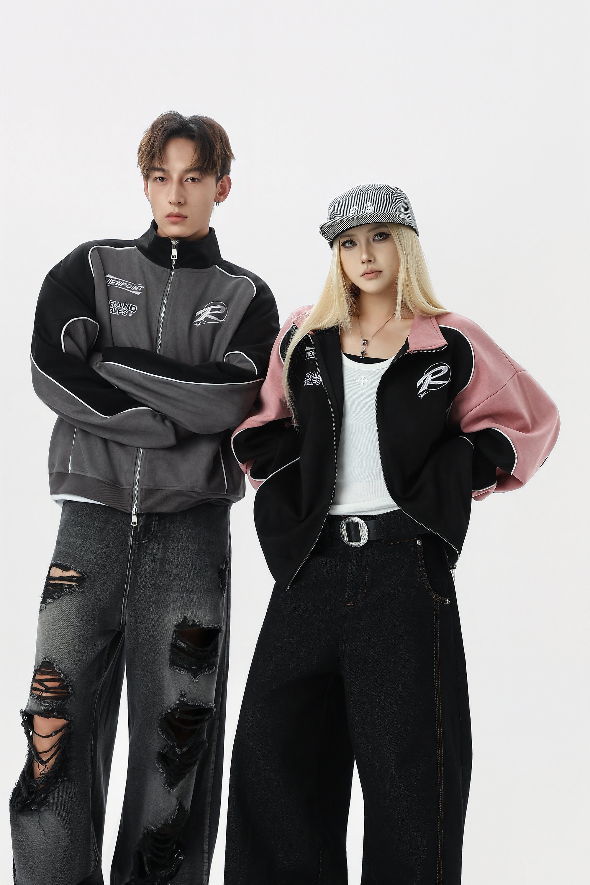 Short jacket,Unisex Retro Racing Style Jacket | Pink/Black &amp; Grey/Black Colorblock | Streetwear Essential