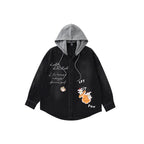 Cool Graffiti & Cartoon Print Denim Shirt with Removable Hoodie