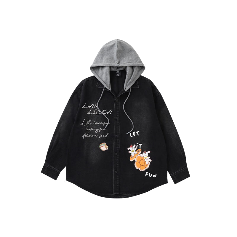 Cool Graffiti & Cartoon Print Denim Shirt with Removable Hoodie
