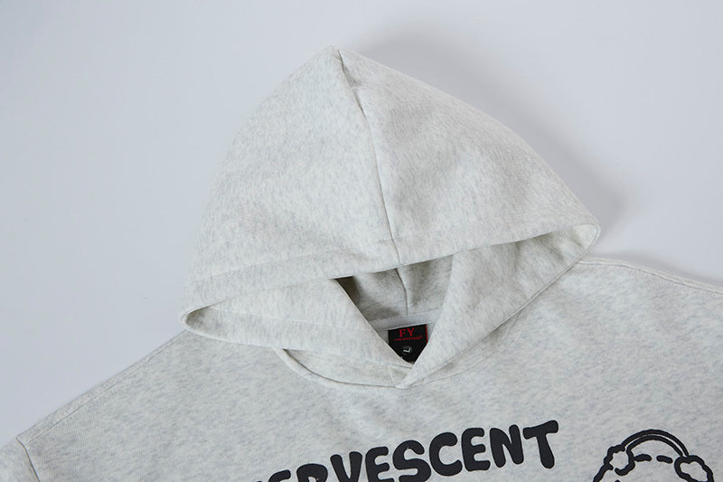 Detail of crossover hood neckline without drawstrings on heather grey sweatshirt.