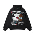 Front view of black oversized hoodie featuring cute fuzzy chenille puppy embroidery and colorful text.
