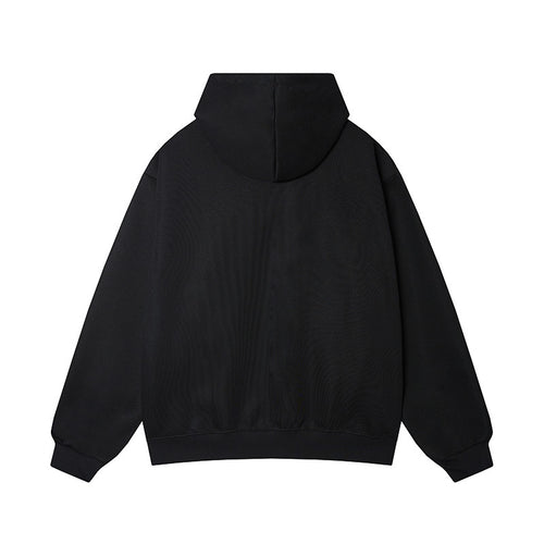 Back view of plain black cotton blend hoodie with drop shoulder design and ribbed hem.