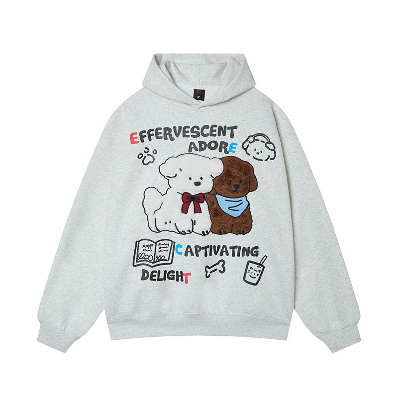 Heather grey pullover hoodie with adorable white and brown dog chenille graphic on the chest.