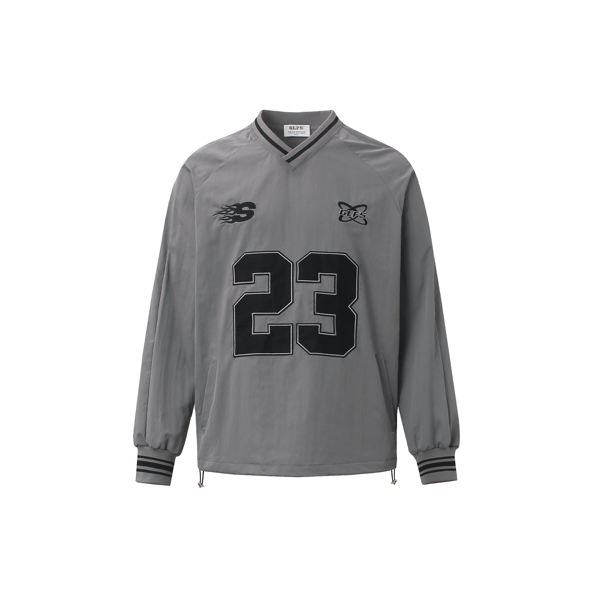 Front view of grey V-neck streetwear windbreaker with number 23 embroidery.