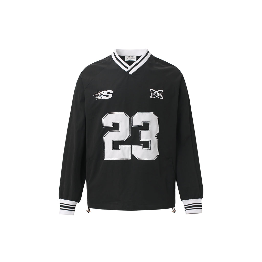 Front view of grey V-neck streetwear windbreaker with number 23 embroidery.