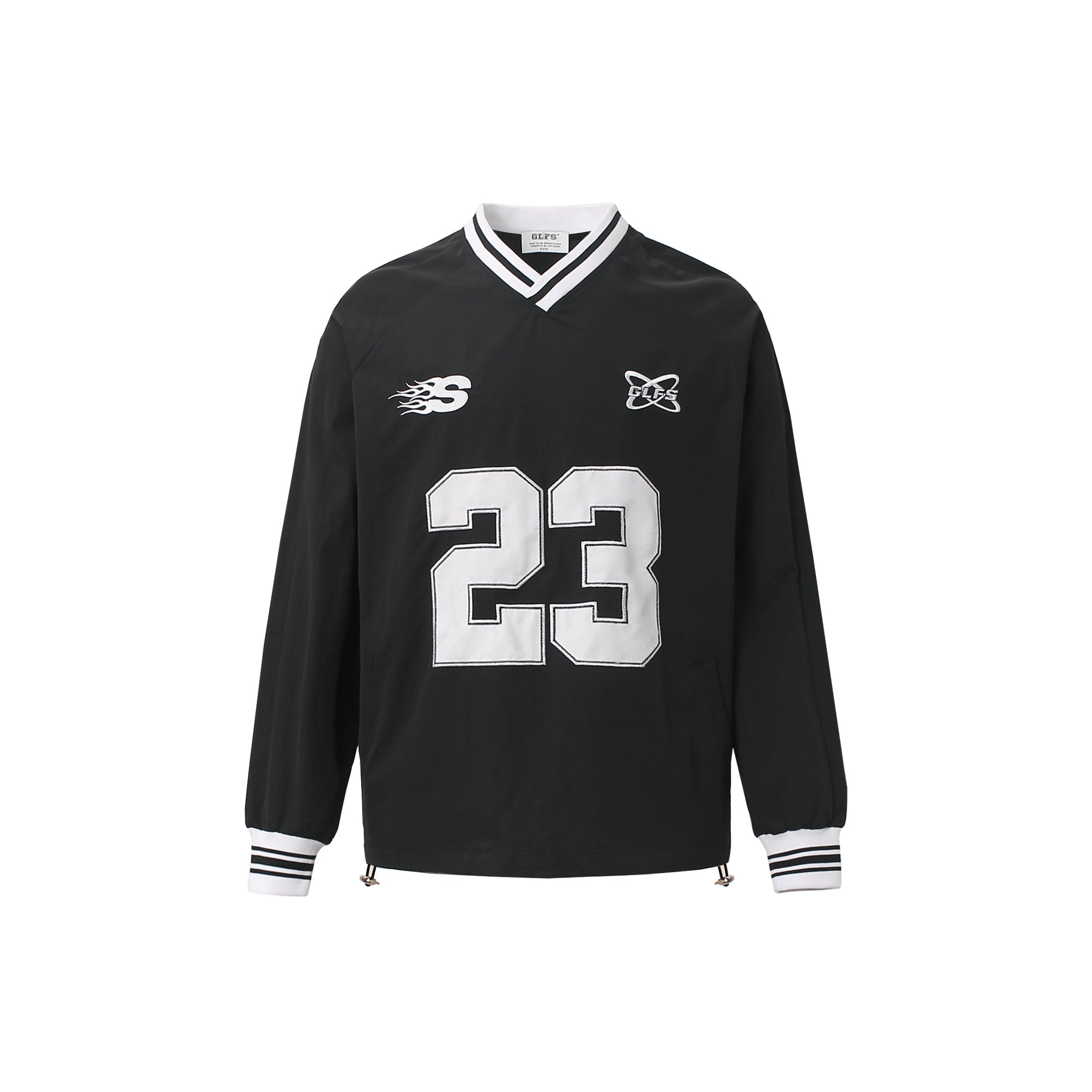 Front view of grey V-neck streetwear windbreaker with number 23 embroidery.