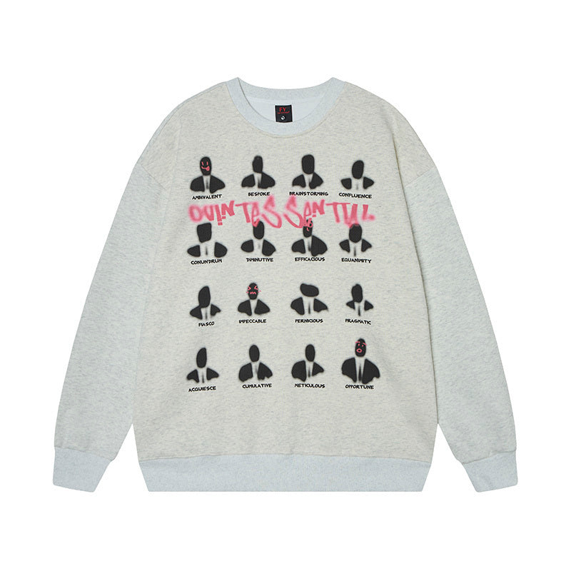 Gray sweatshirt with black and red graphics on a white background