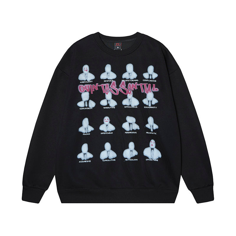 Black crewneck sweatshirt with Quintessential graffiti print and abstract figures
