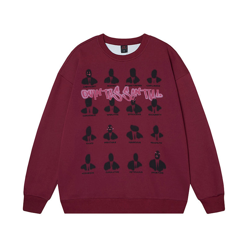 Maroon sweatshirt with graphic designs and text on a white background