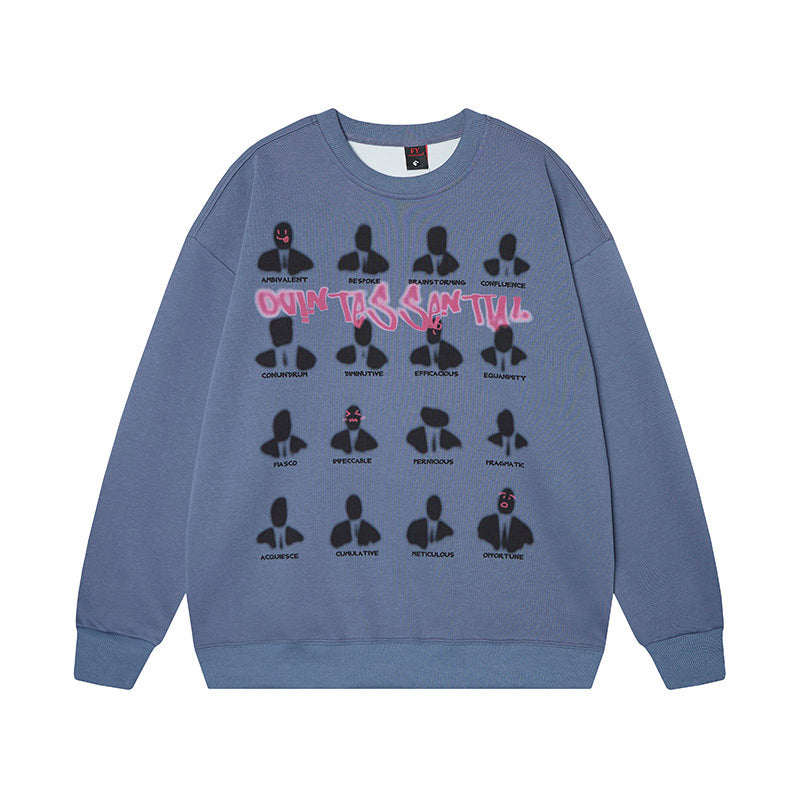 Blue sweatshirt with graphic designs and text on a white background