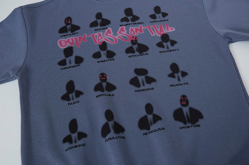 Blue t-shirt with black silhouette graphics and text on a white background